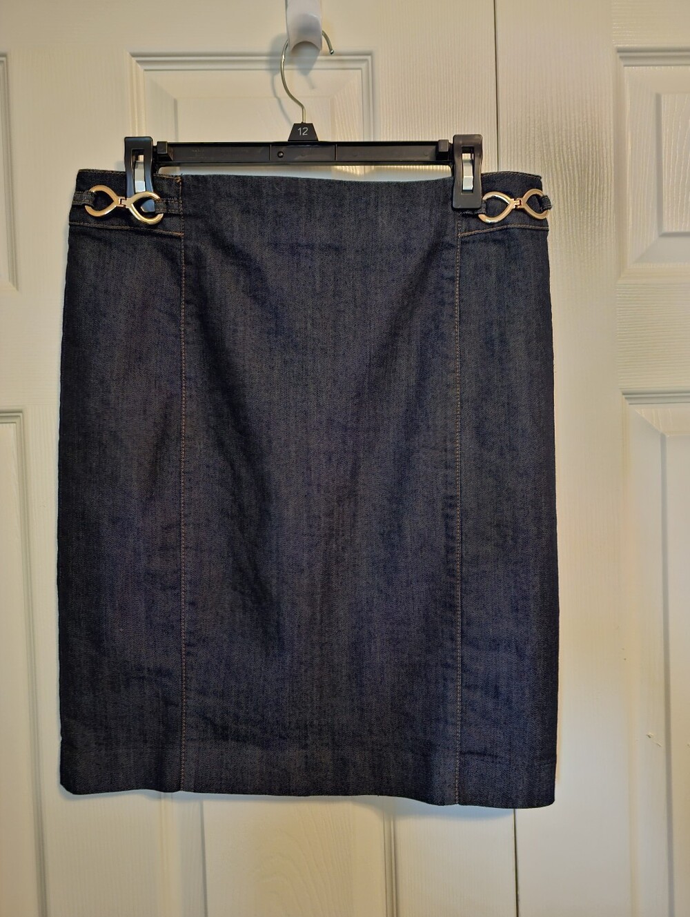 Ellen Tracy Dark Blue Denim Pencil Skirt with Gold-Tone Waist Hardware